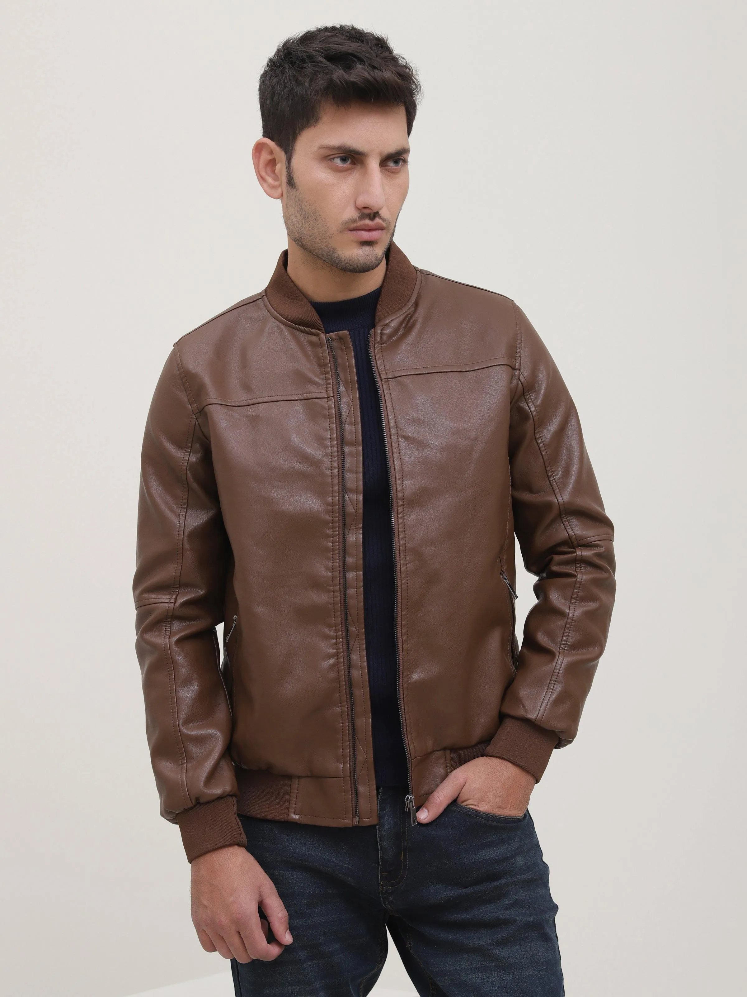 JACKET FULL SLEEVE PU LEATHER BROWN