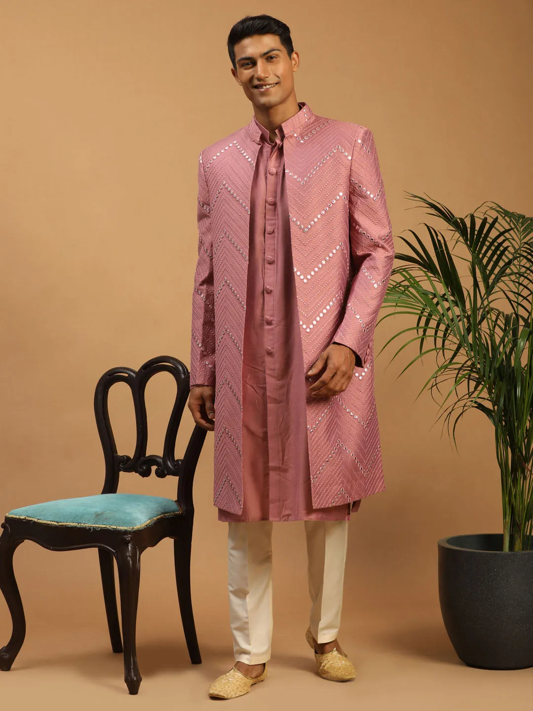 Jashvi Men's Onion Pink Solid Kurta Pant With Mirror Over Coat Combo Set