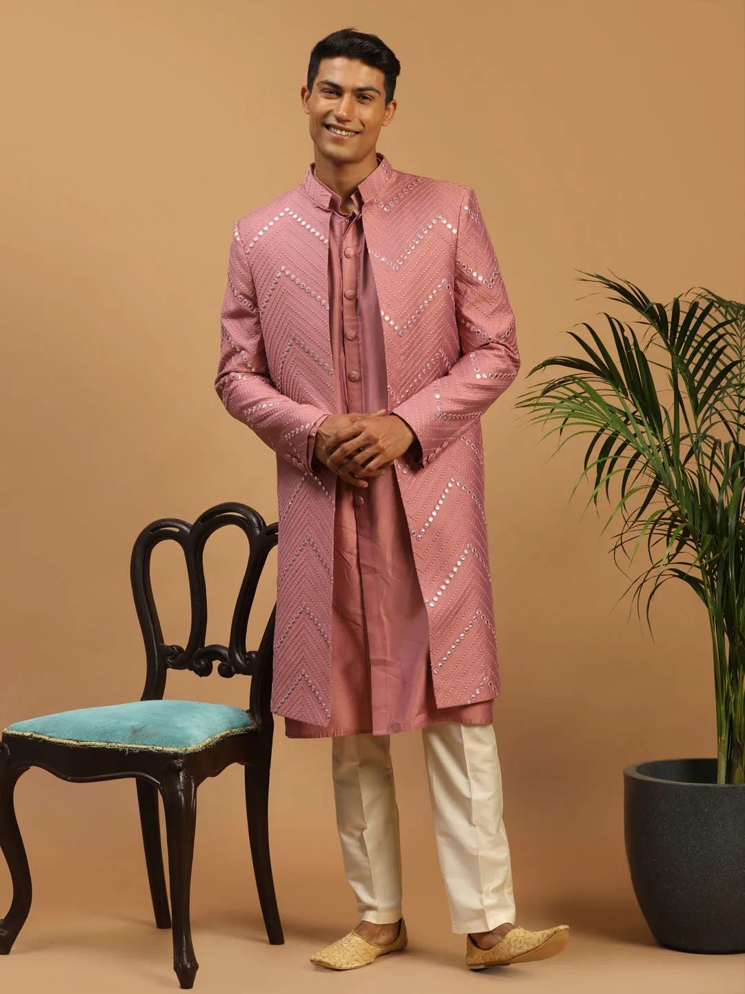 Jashvi Men's Onion Pink Solid Kurta Pant With Mirror Over Coat Combo Set