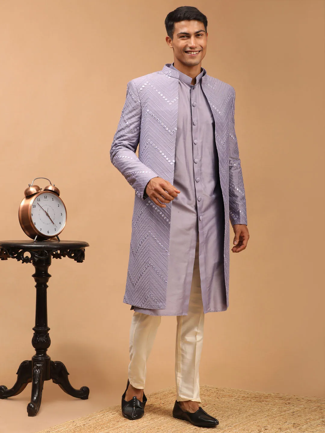 Jashvi Men's Purple Solid Kurta Pant Set With Mirror Over Coat Combo Set