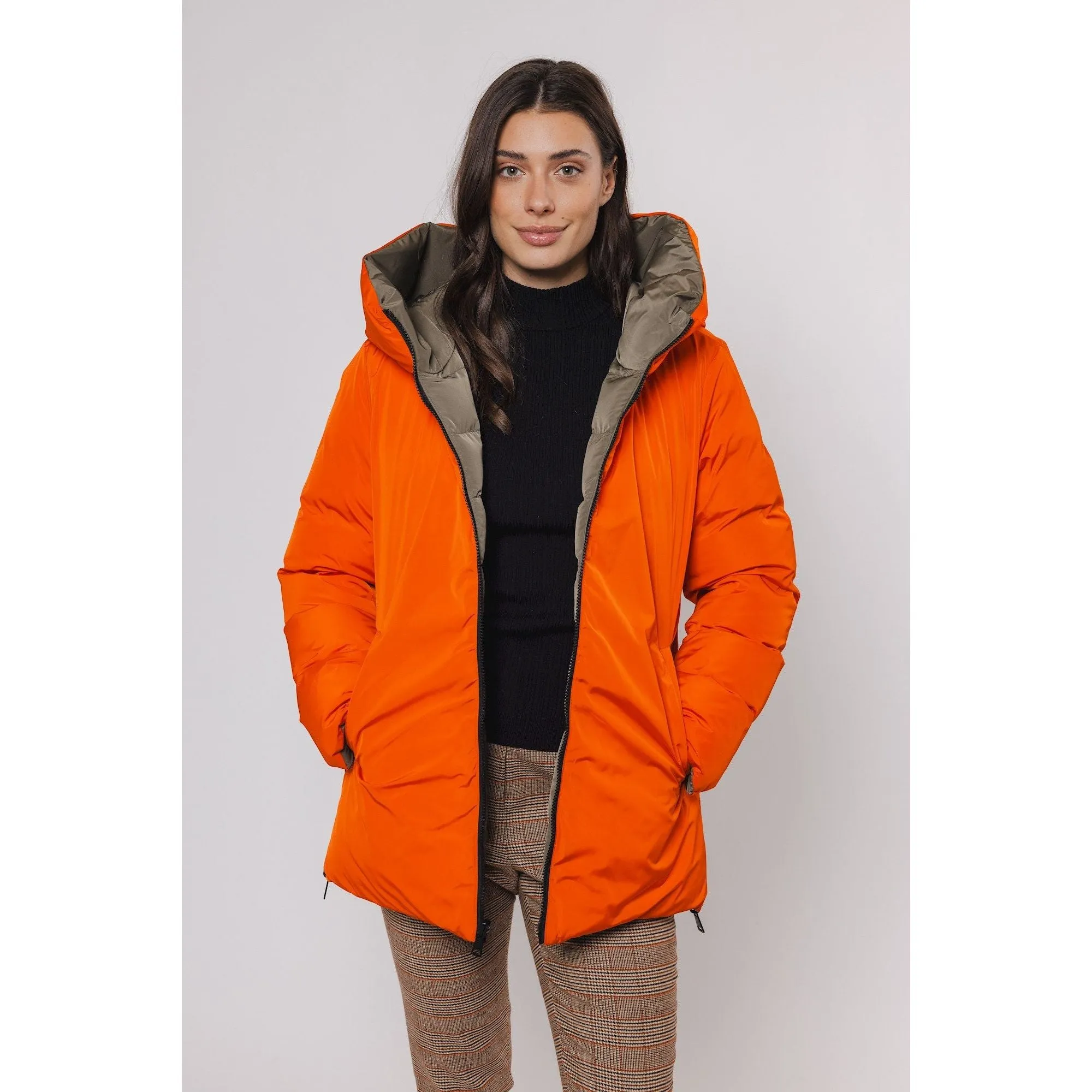 Jolanda Reversible Short Padded Hooded Coat Green Orange