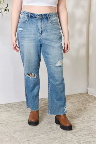 Judy Blue* Megan Distressed Raw Hem Straight Leg Jeans