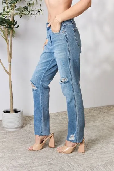 Judy Blue* Megan Distressed Raw Hem Straight Leg Jeans