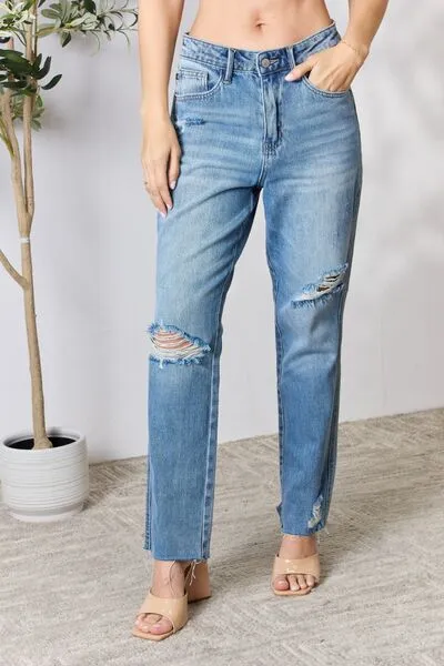 Judy Blue* Megan Distressed Raw Hem Straight Leg Jeans