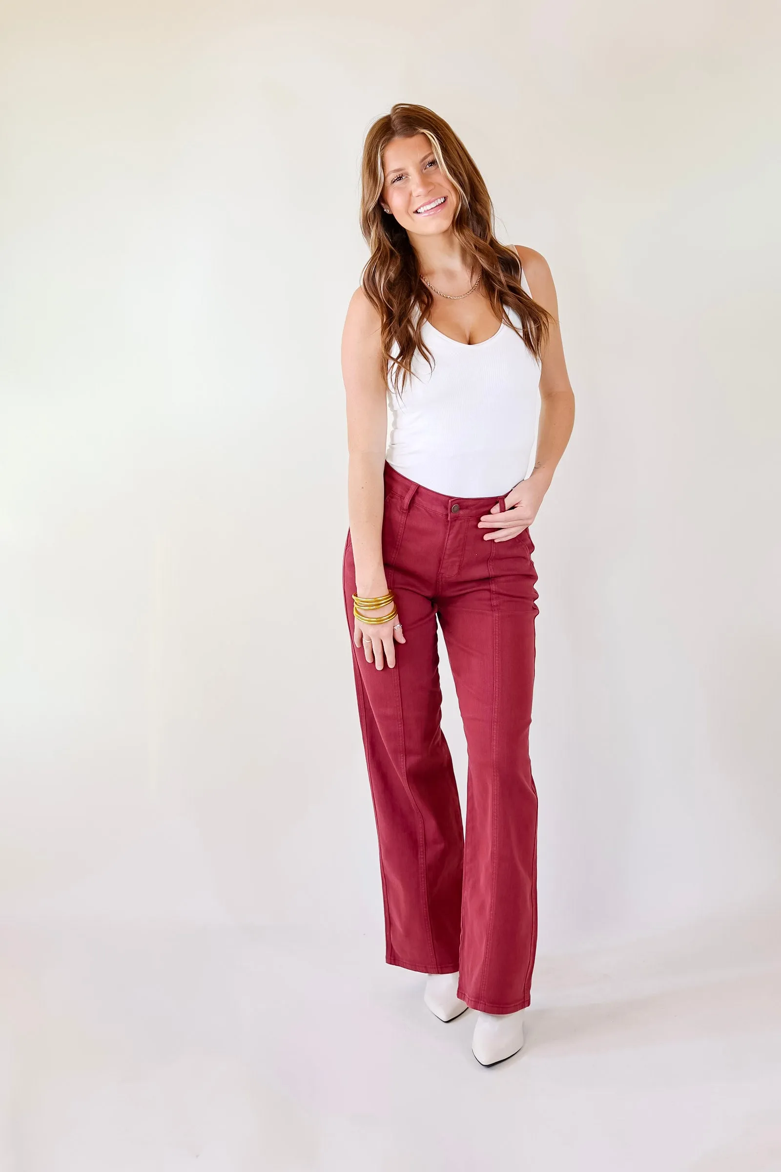 Last Chance Size 0, 15, 14W, 16W, 20W, 22W, 24W | Judy Blue | Day Dreamin' Wide Leg Jeans with Front Seam in Burgundy Red