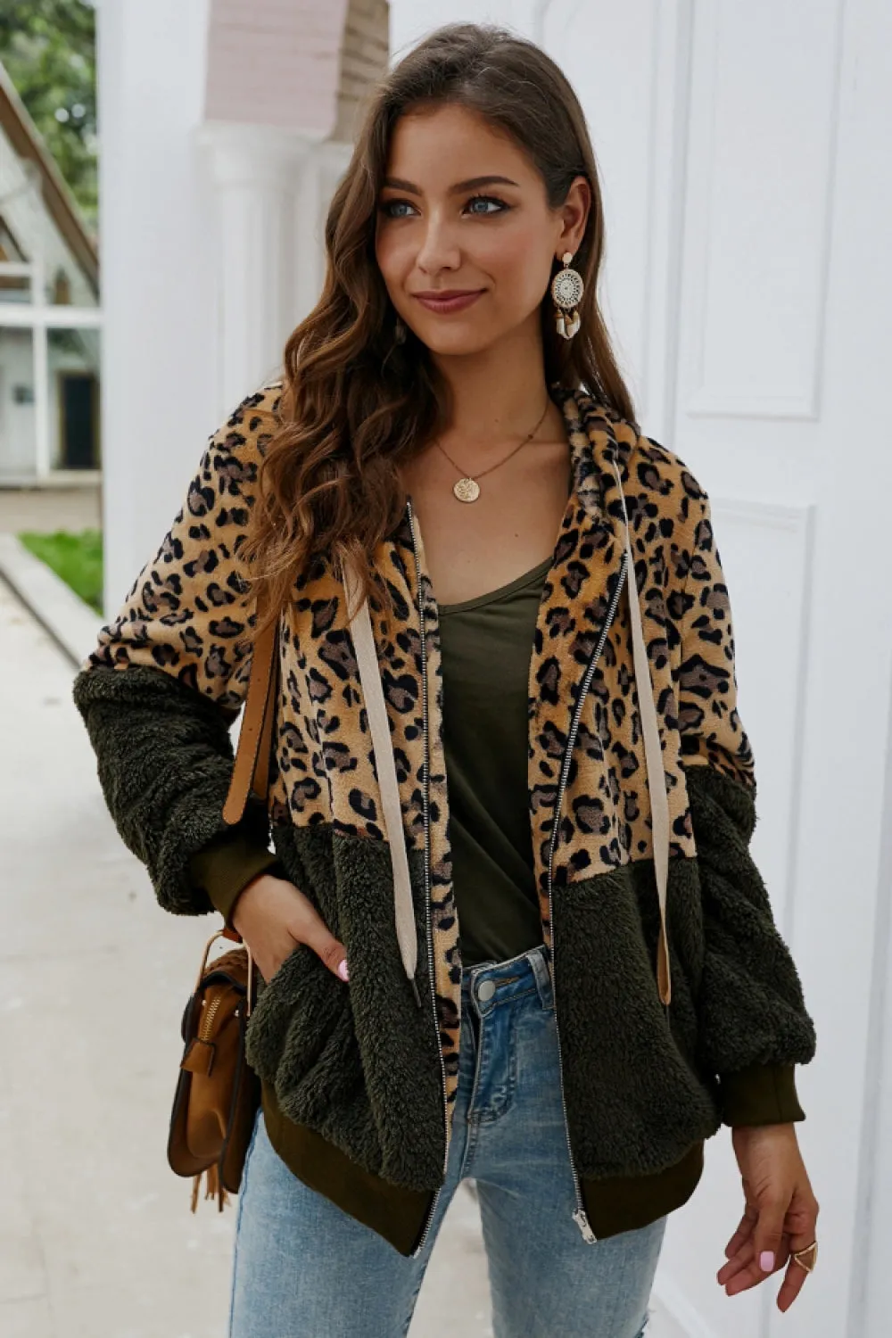 Leopard Zipper Hooded Fluffy Coat