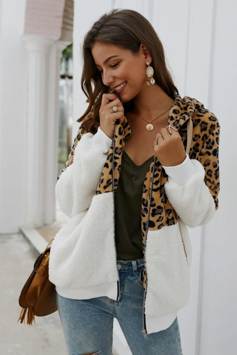 Leopard Zipper Hooded Fluffy Coat