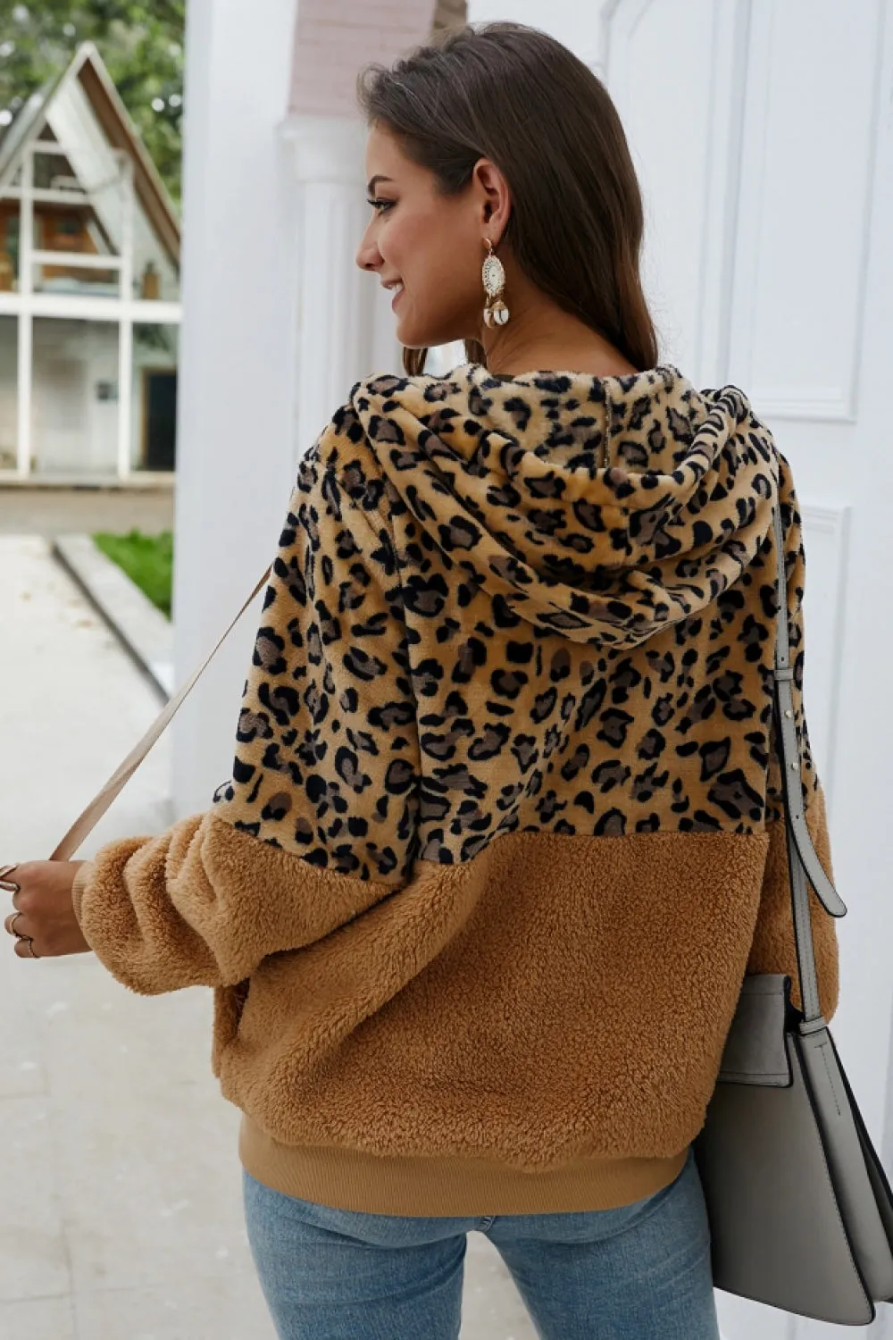 Leopard Zipper Hooded Fluffy Coat