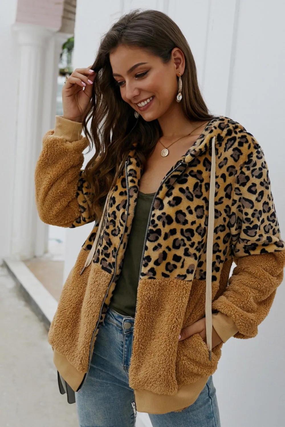 Leopard Zipper Hooded Fluffy Coat