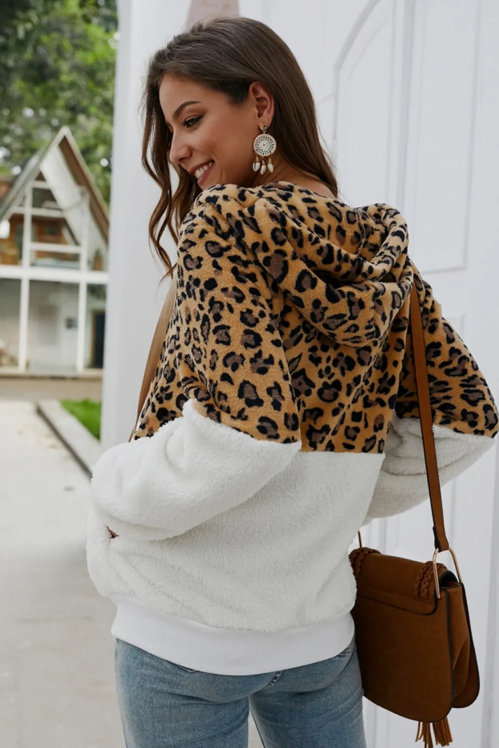 Leopard Zipper Hooded Fluffy Coat