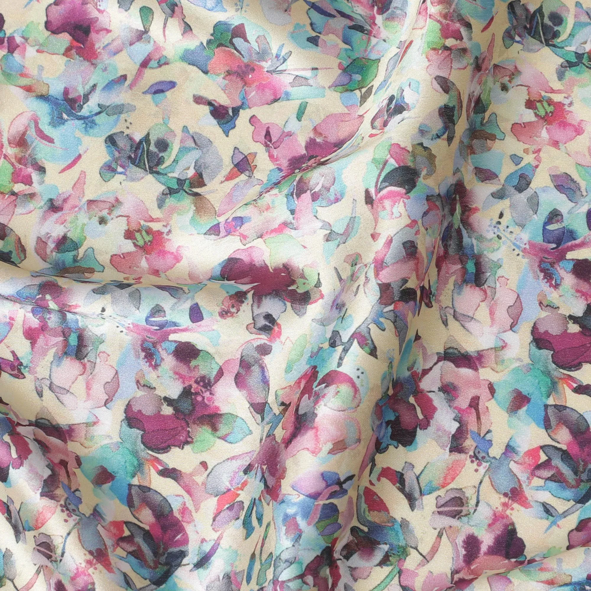 Light gold synthetic satin fabric with multicolor print in floral design-D17047