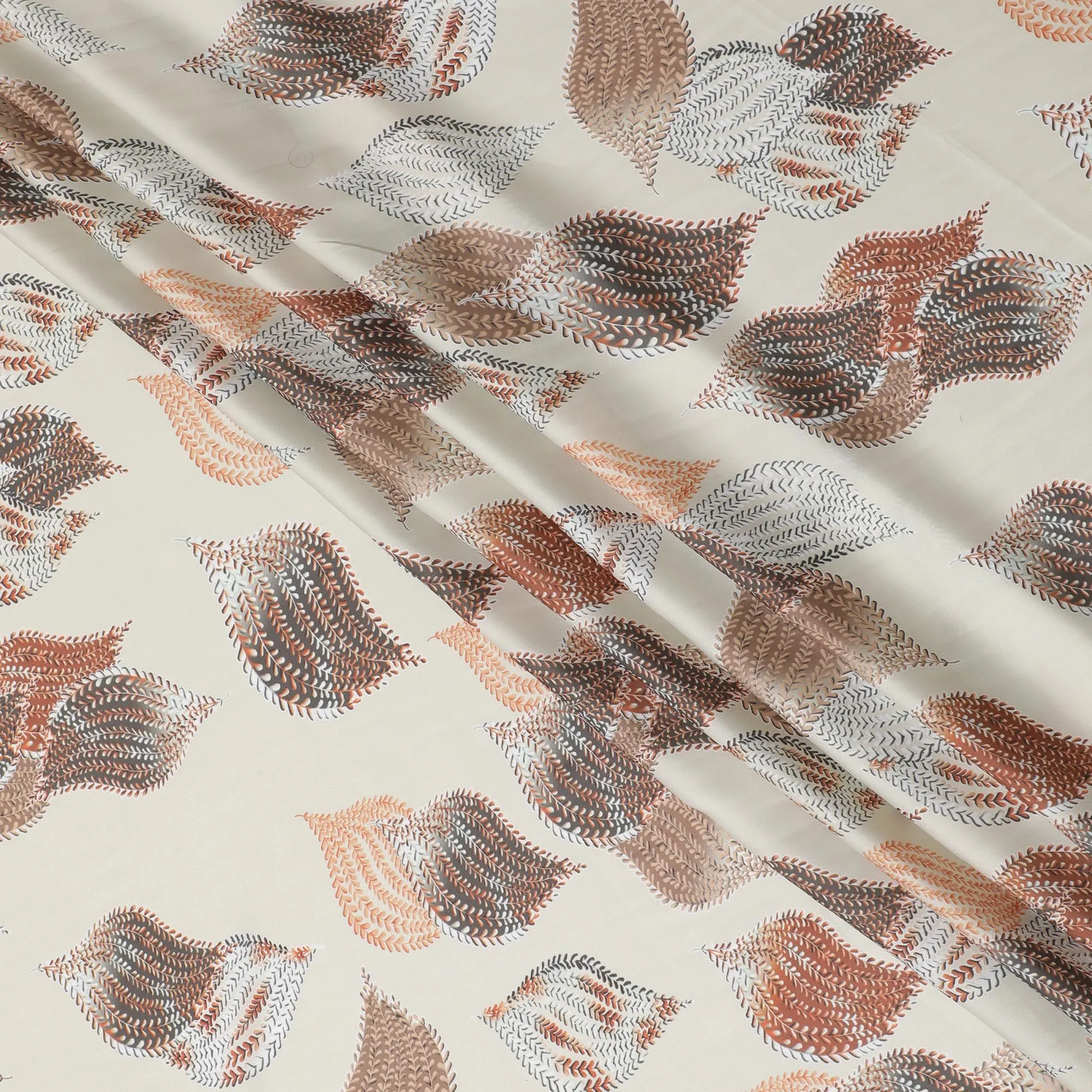 Light gold synthetic satin fabric with multicolor print in leaf design-D16840