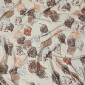 Light gold synthetic satin fabric with multicolor print in leaf design-D16840