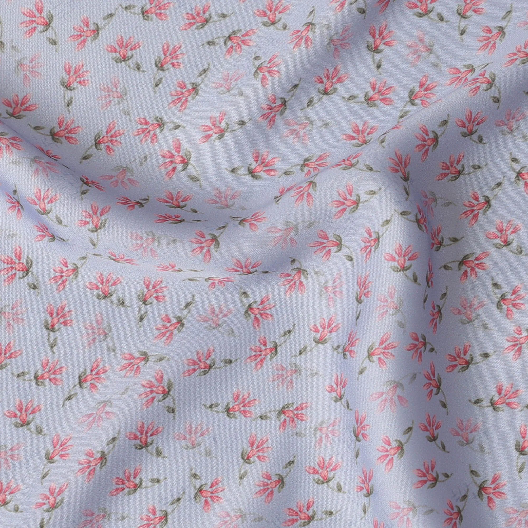 Light grey synthetic satin fabric with baby pink and olive green print in floral design-D16850