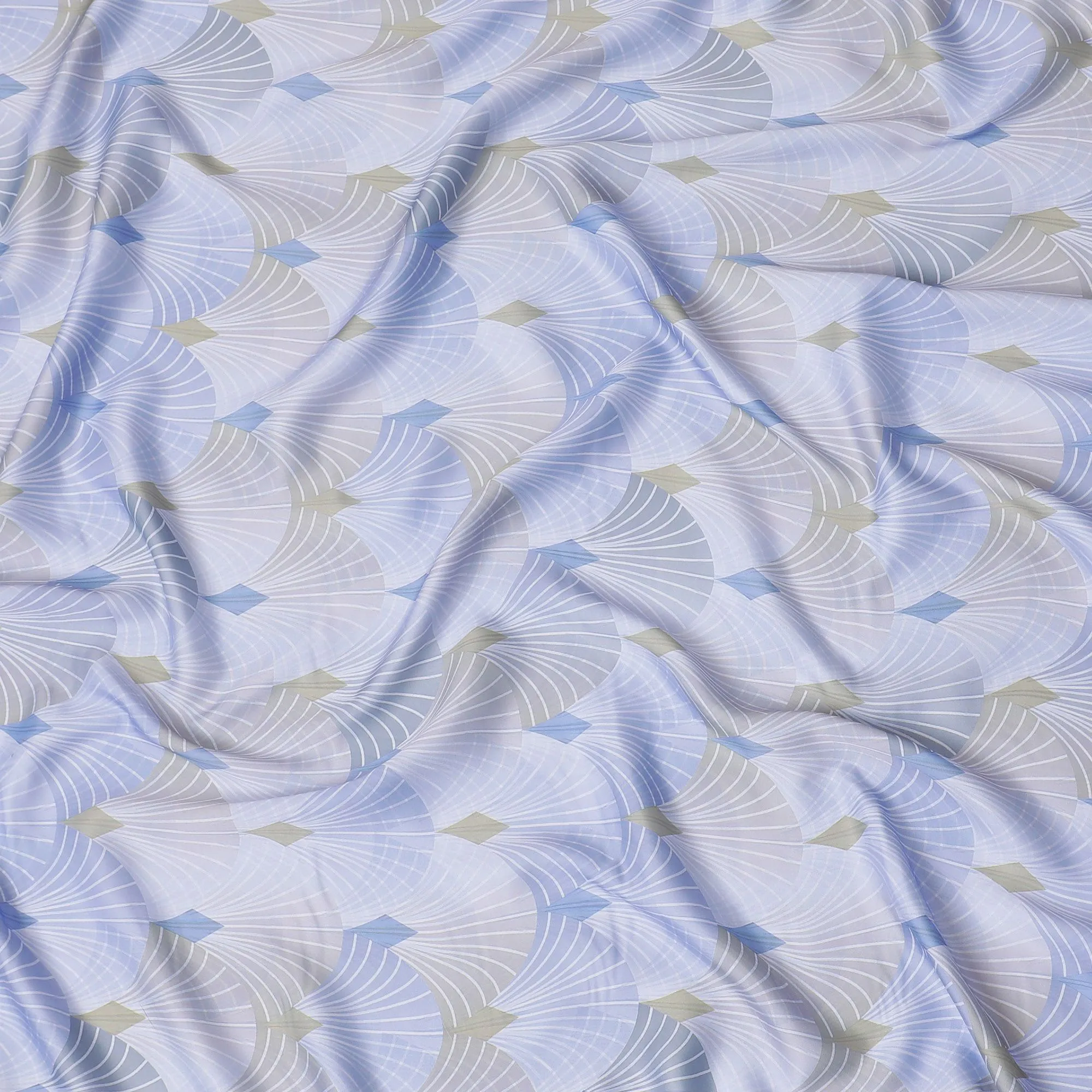 Light lavender synthetic satin fabric with multicolor print in leaf design-D16843