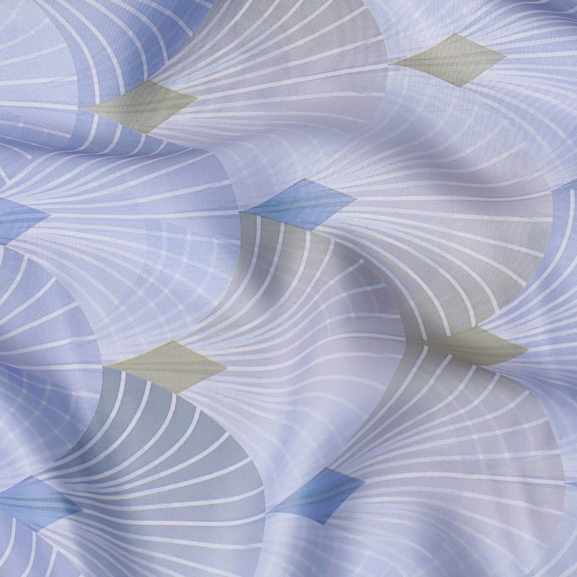 Light lavender synthetic satin fabric with multicolor print in leaf design-D16843