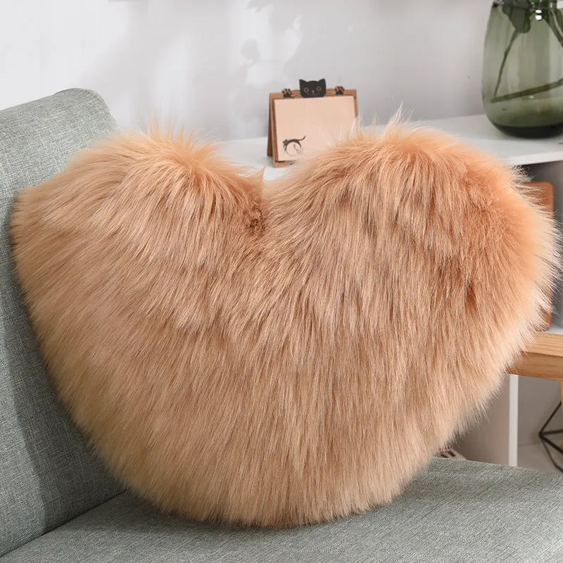 Luxurious Heart-Shaped Long Plush Decorative Throw Pillow – Fluffy Shaggy Cushion Cover for Sofa or Bed