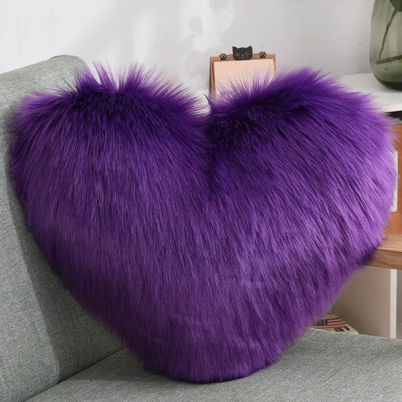 Luxurious Heart-Shaped Long Plush Decorative Throw Pillow – Fluffy Shaggy Cushion Cover for Sofa or Bed