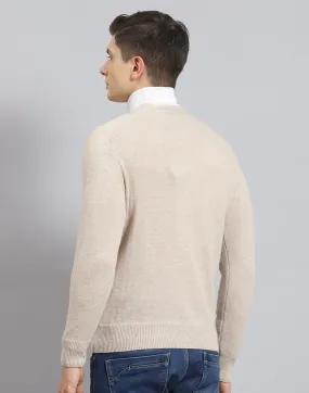 Men Beige Solid V Neck Full Sleeve Cardigan