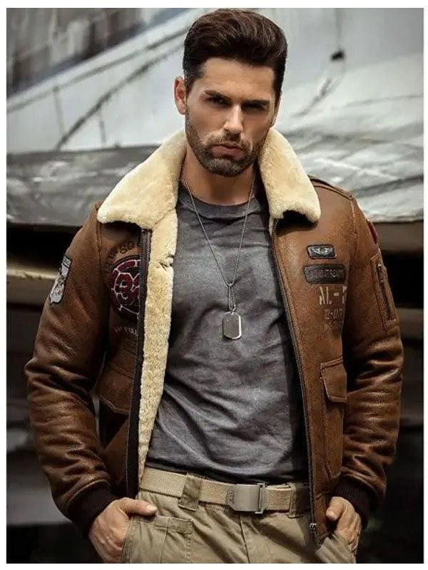 Men's B3 Flying Leather Shearling Bomber Jacket - Embroidered Design