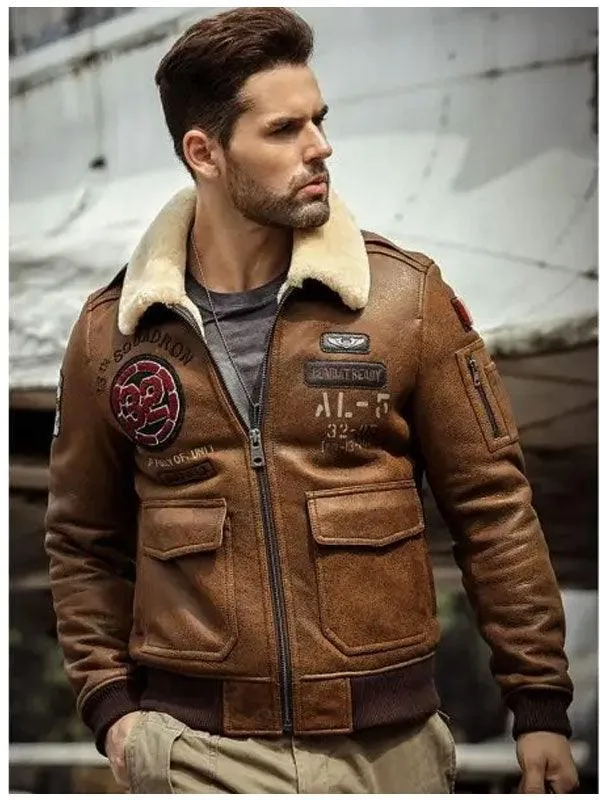 Men's B3 Flying Leather Shearling Bomber Jacket - Embroidered Design