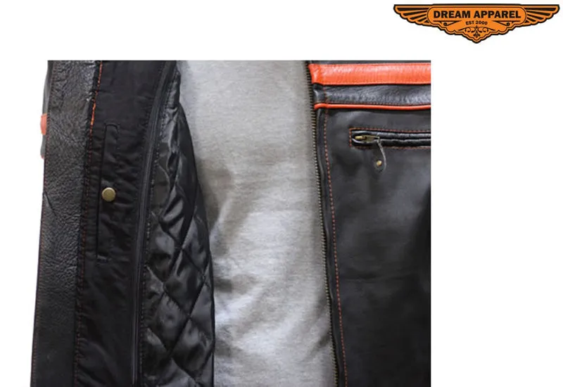 Mens Leather Jacket With Orange Stripes