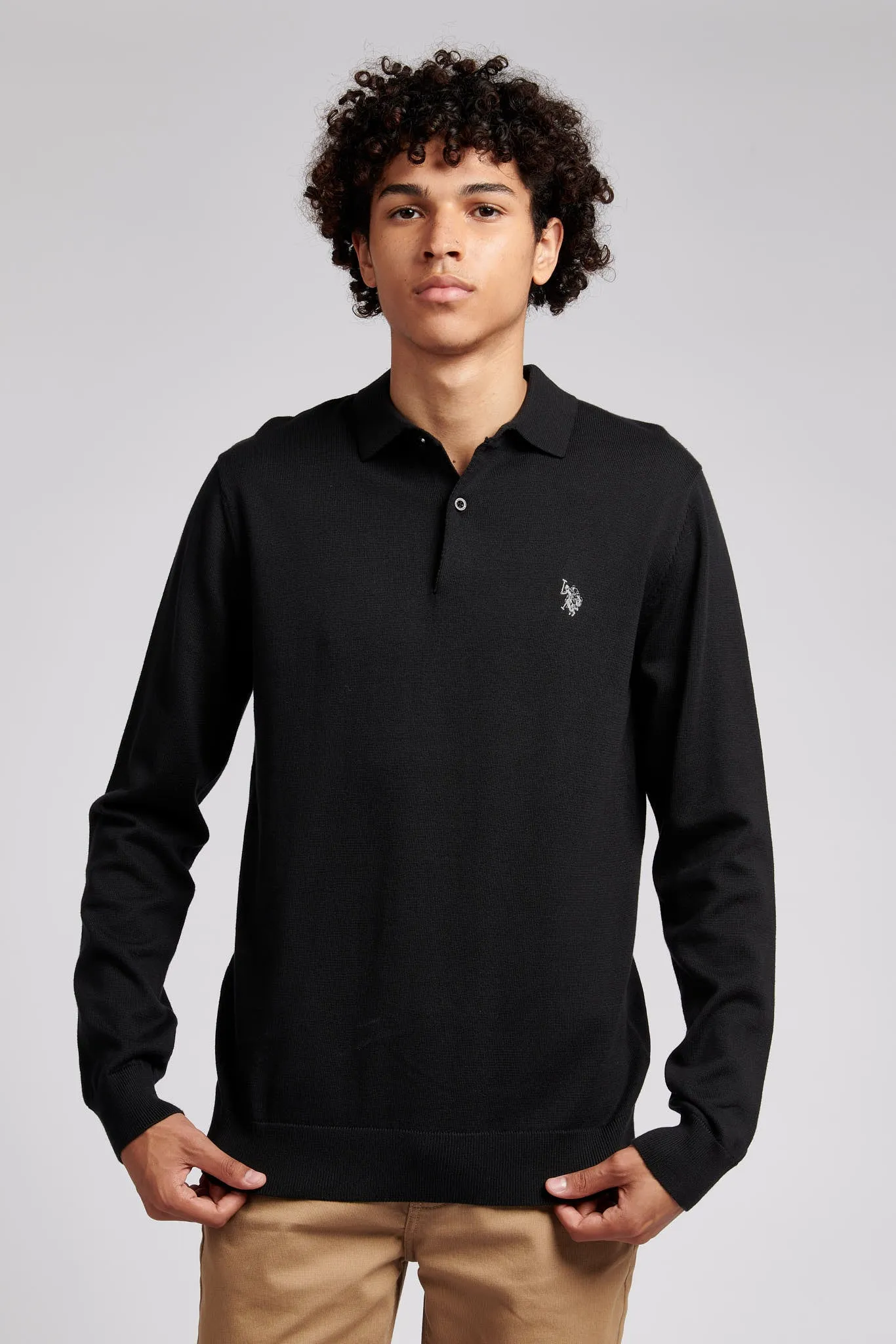 Mens Long Sleeve Knitted Polo Shirt in Black