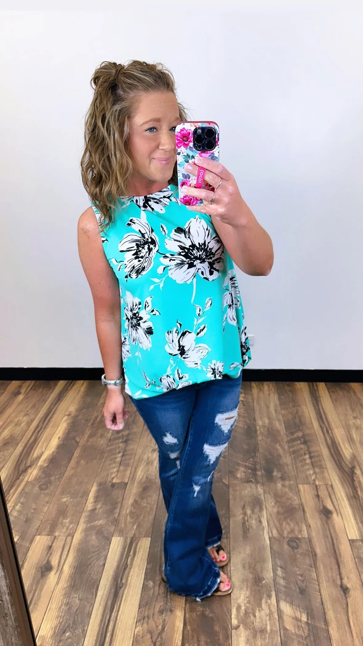 Mint White Black Floral Tank