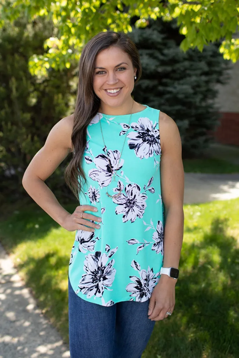 Mint White Black Floral Tank