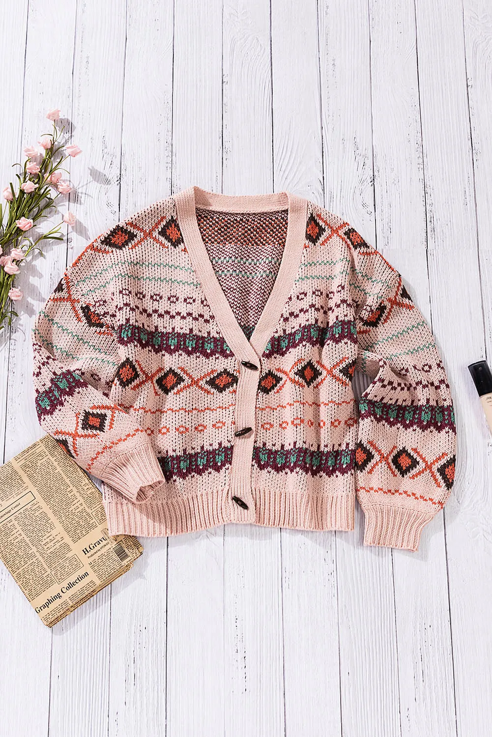 Multicolor Drop V Neck Tribal Print Cardigan