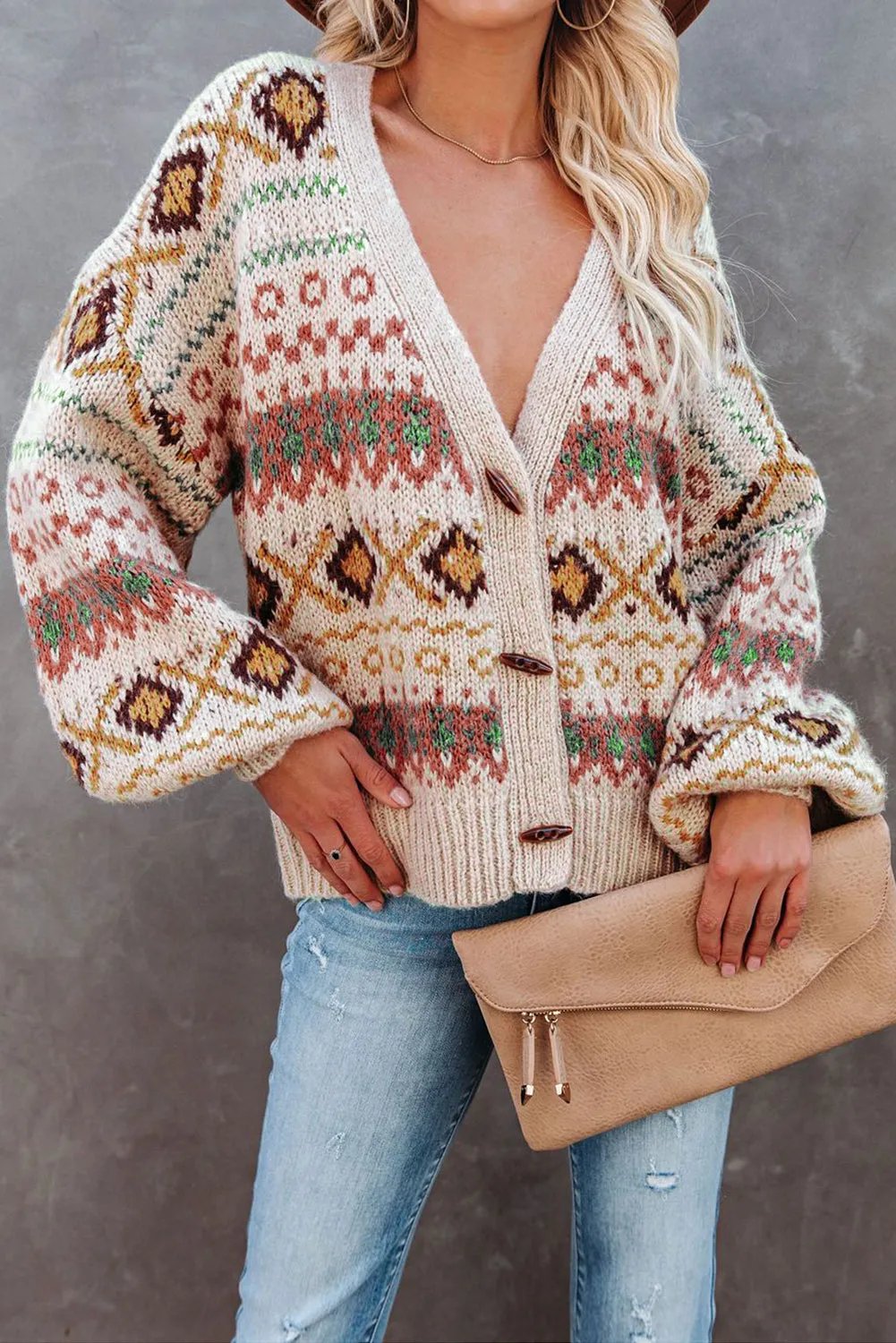 Multicolor Drop V Neck Tribal Print Cardigan