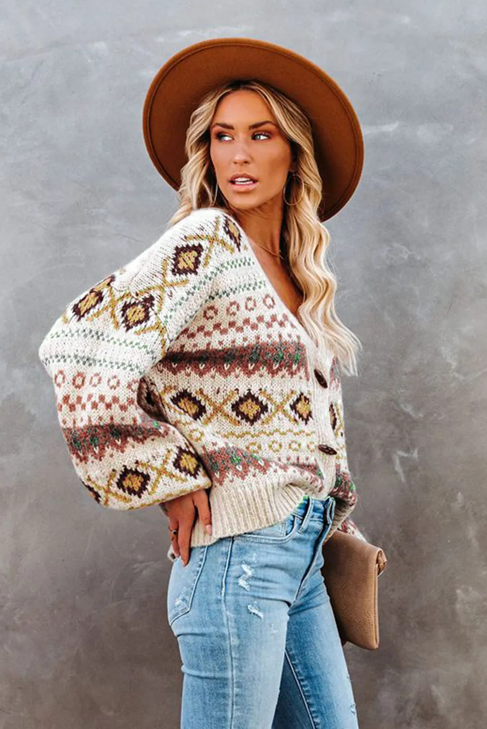 Multicolor Drop V Neck Tribal Print Cardigan