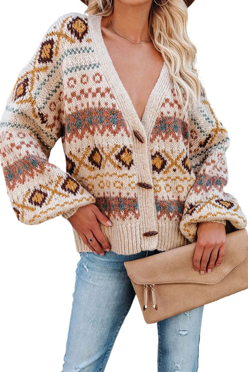 Multicolor Drop V Neck Tribal Print Cardigan