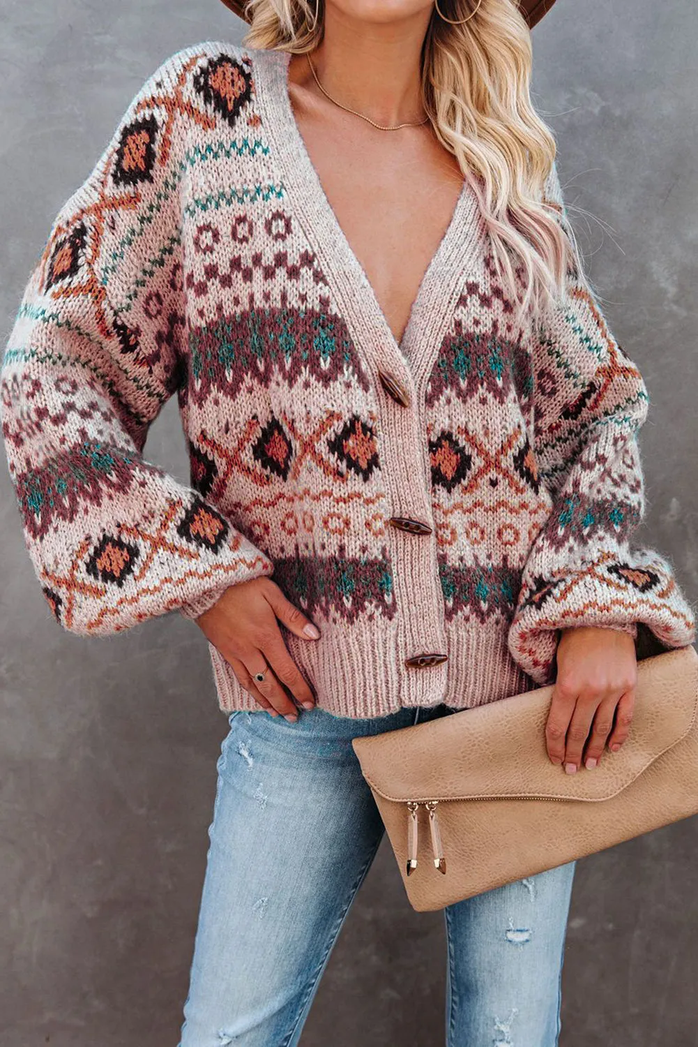 Multicolor Drop V Neck Tribal Print Cardigan