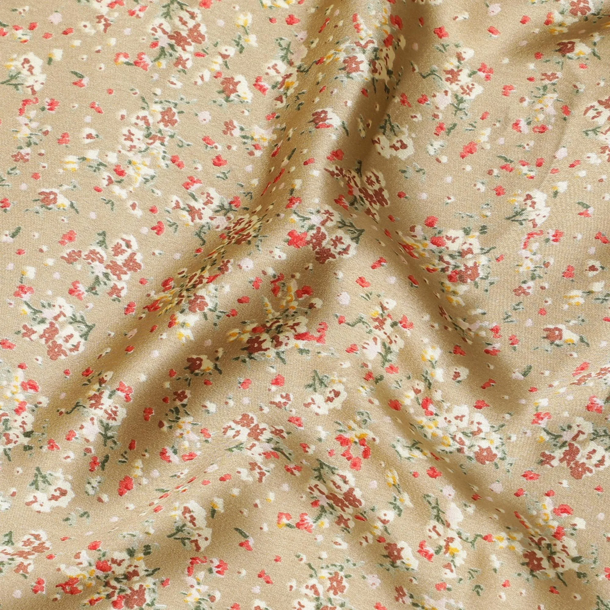 Mustard beige synthetic satin fabric with multicolor print in floral design-D16852