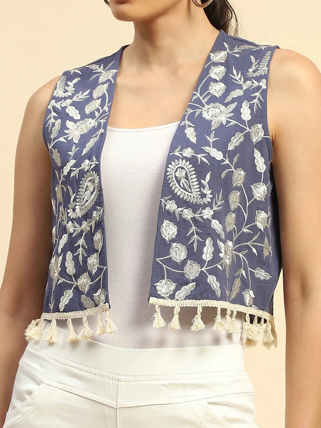 Navy Blue Cotton Embroidered Waist Coat