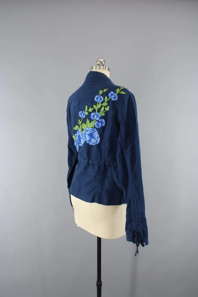 Navy Blue Linen Jacket with Blue Floral Embroidery