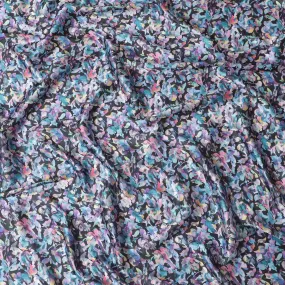 Navy blue synthetic satin fabric with multicolor print in floral design-D17048