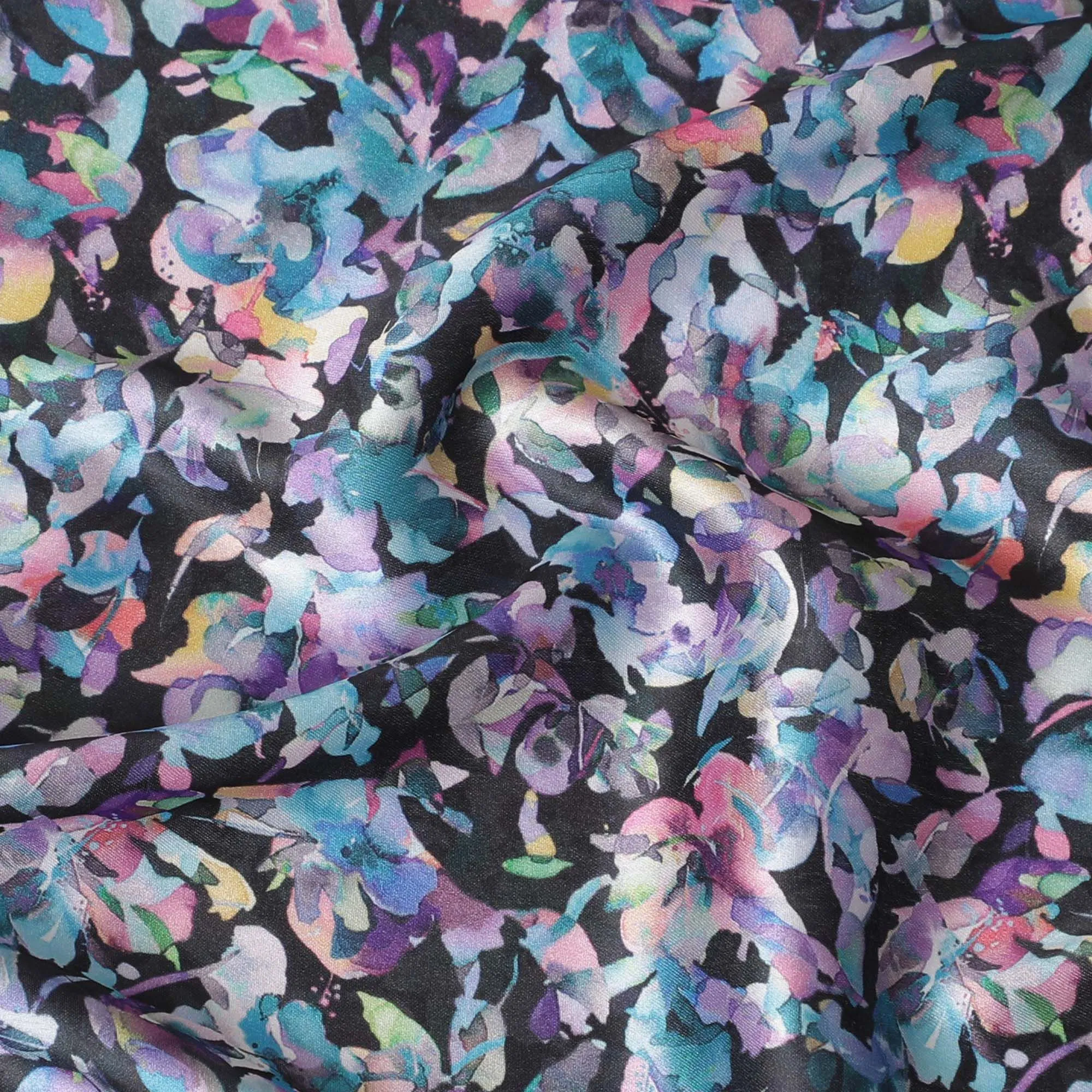 Navy blue synthetic satin fabric with multicolor print in floral design-D17048