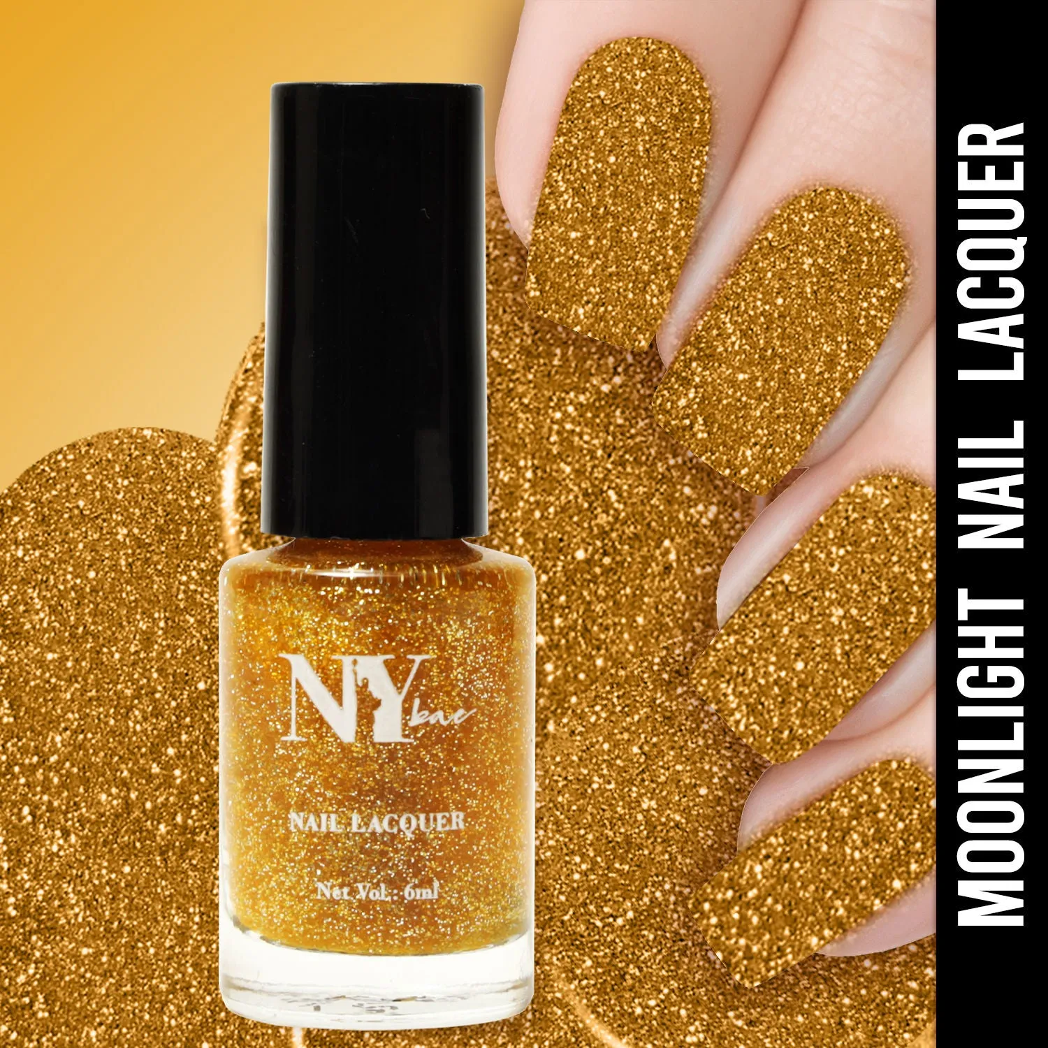 NY Bae Nail Lacquer, Glitter | Shimmer Paint | Chip Resistant Polish | Highly Pigmented | Gold - Grand Terminal Moonlight 17 (6 ml)