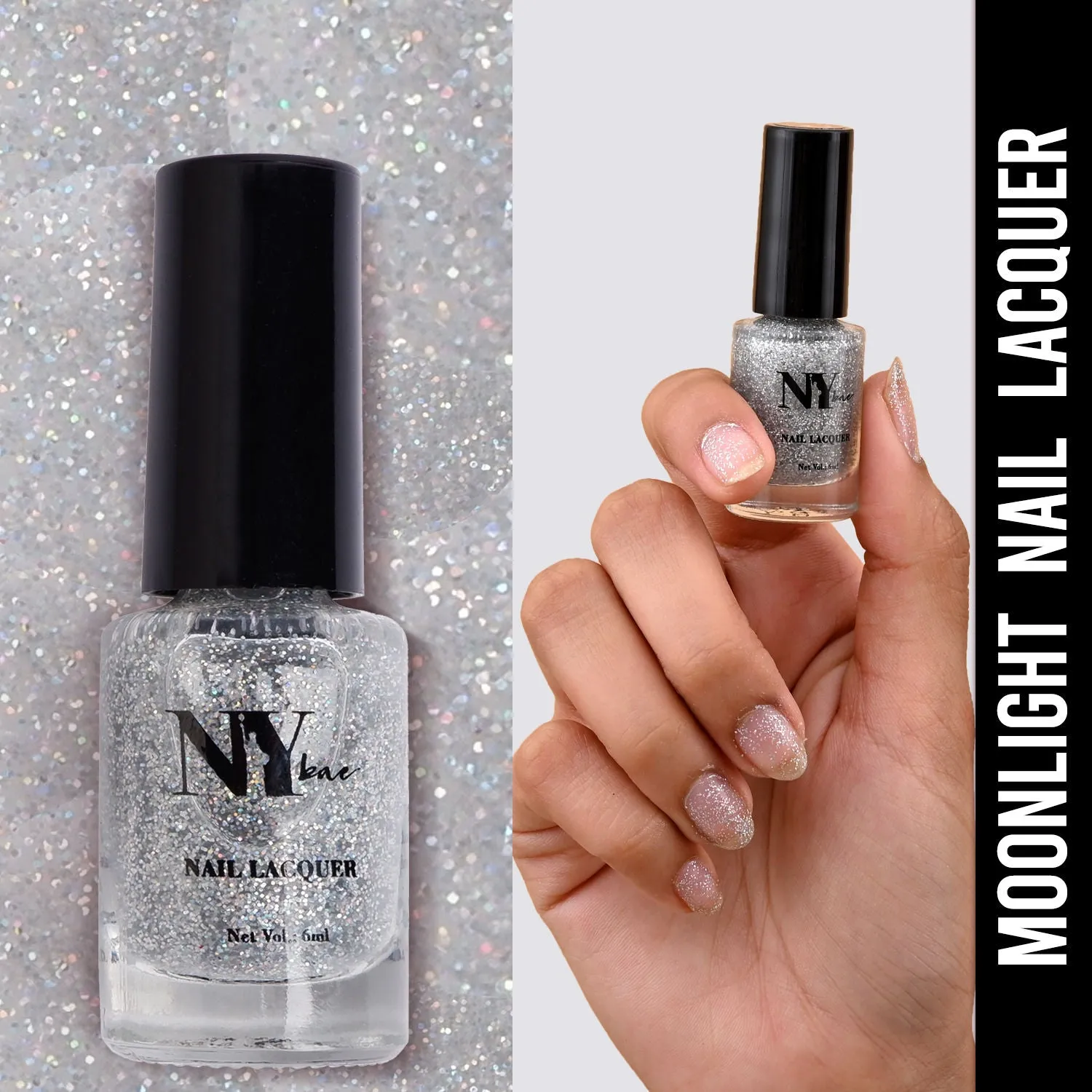 NY Bae Nail Lacquer, Glitter | Shimmer Paint | Chip Resistant Polish | Highly Pigmented | Greys - Central Park Moonlight 5 (6 ml)