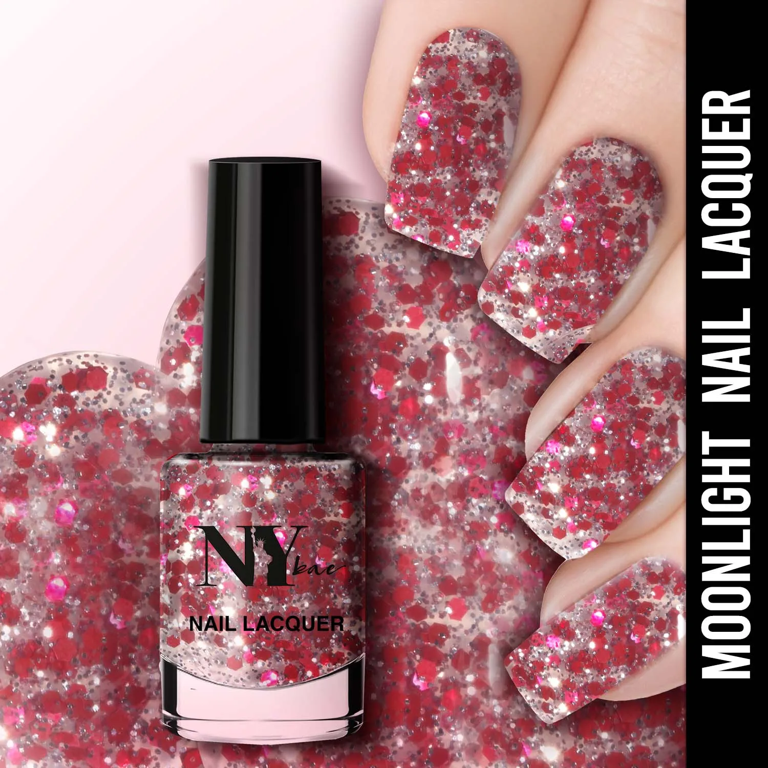 NY Bae Nail Lacquer, Glitter | Shimmer Paint | Chip Resistant Polish | Highly Pigmented | Reds & Greys - Broadway Moonlight 1 (6 ml)