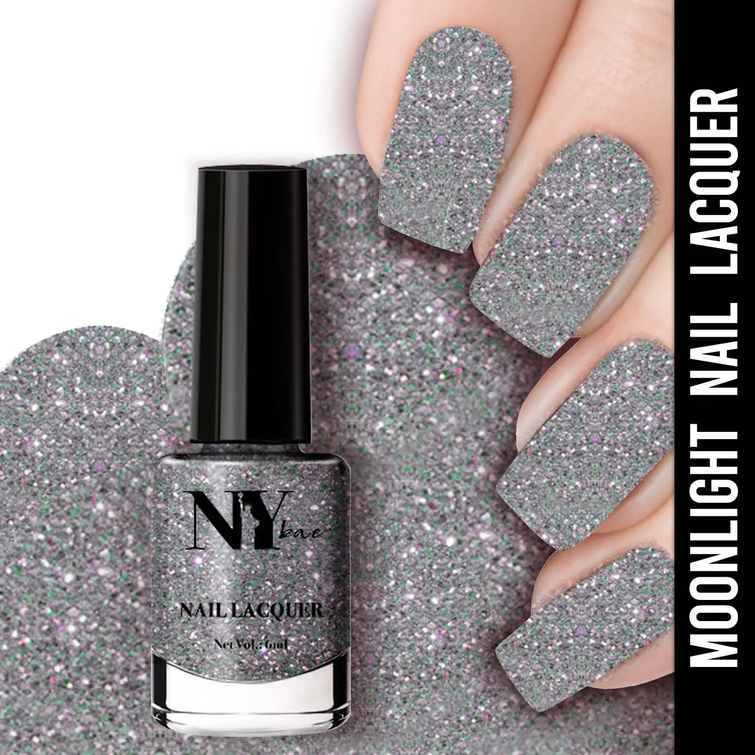 NY Bae Nail Lacquer, Glitter | Shimmer Paint | Chip Resistant Polish | Highly Pigmented | Silver - High Line Moonlight 13 (6 ml)