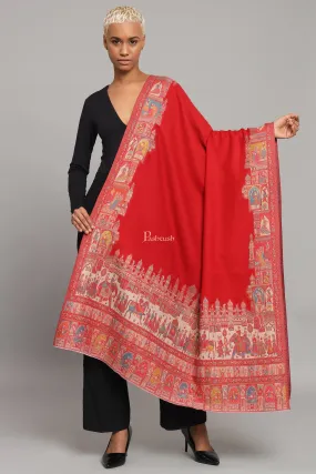 Pashtush Womens Fine Wool Shawl, Royal Darbar Palla, Woven Design, Red And Beige