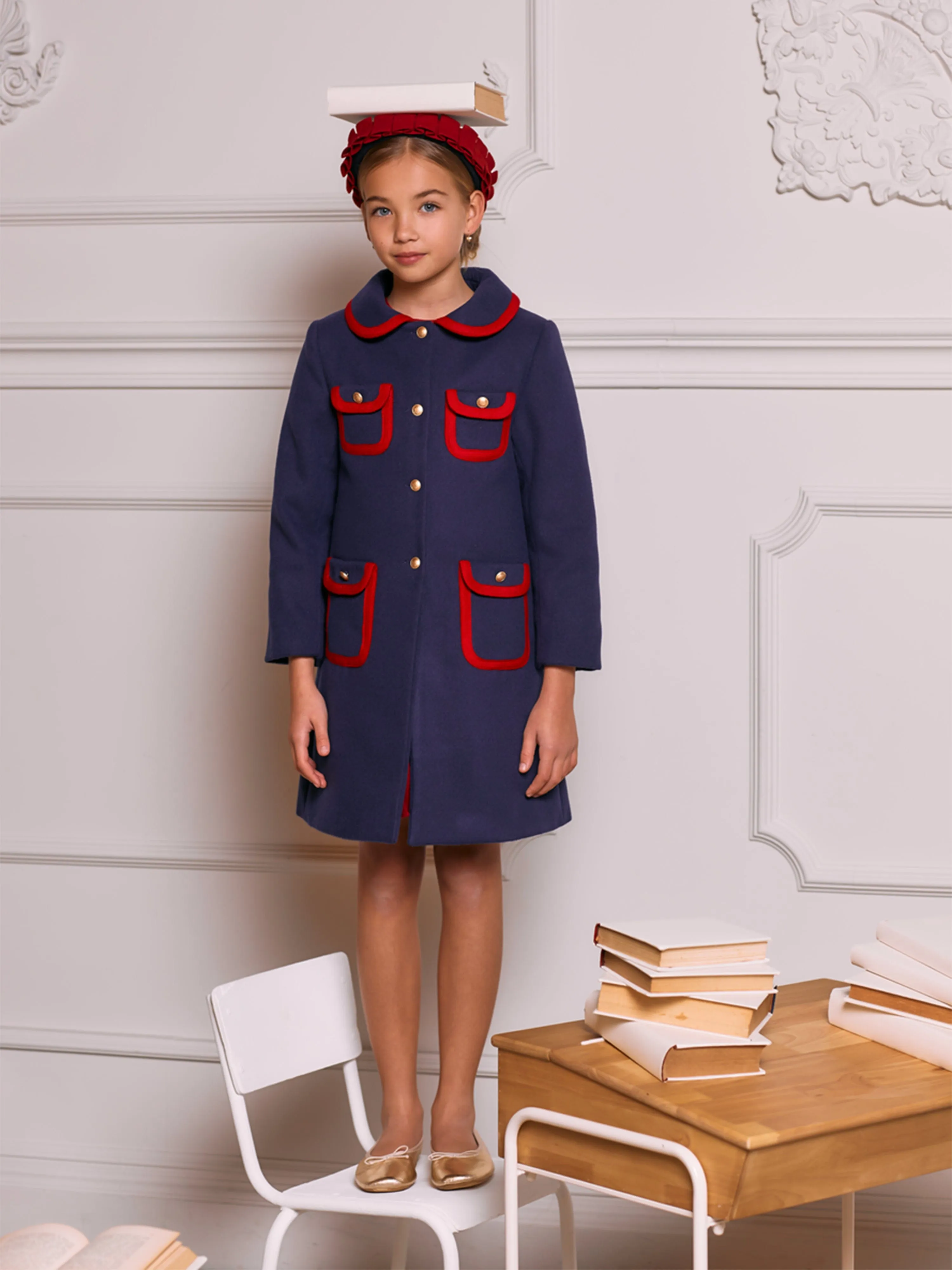 Patachou Girls Felted Coat in Navy