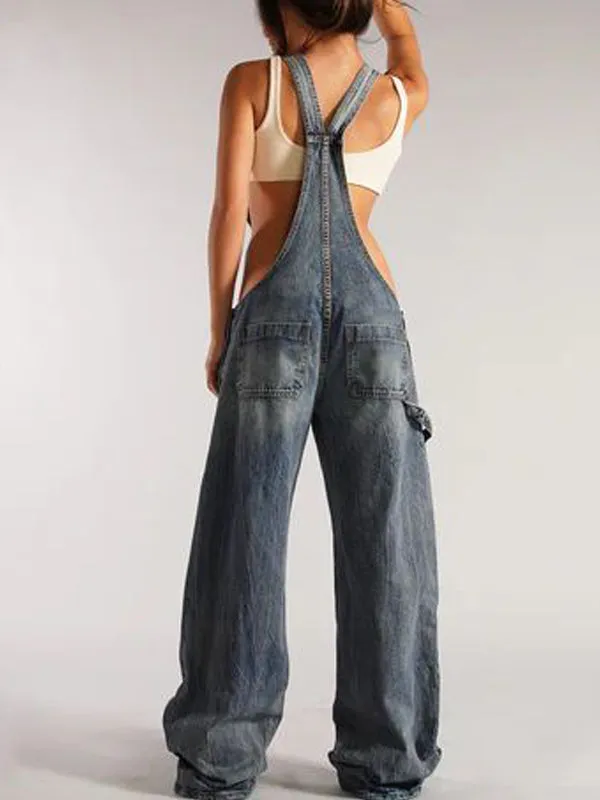 Patch Pocket Zipper Denim Overall Pants