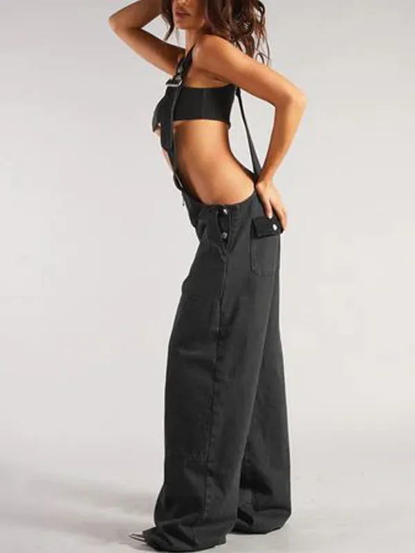 Patch Pocket Zipper Denim Overall Pants