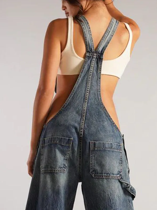 Patch Pocket Zipper Denim Overall Pants