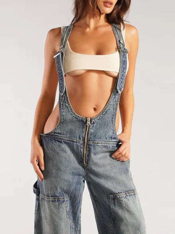 Patch Pocket Zipper Denim Overall Pants