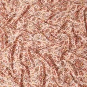 Peach synthetic satin fabric with multicolor print in paisley design-D14175